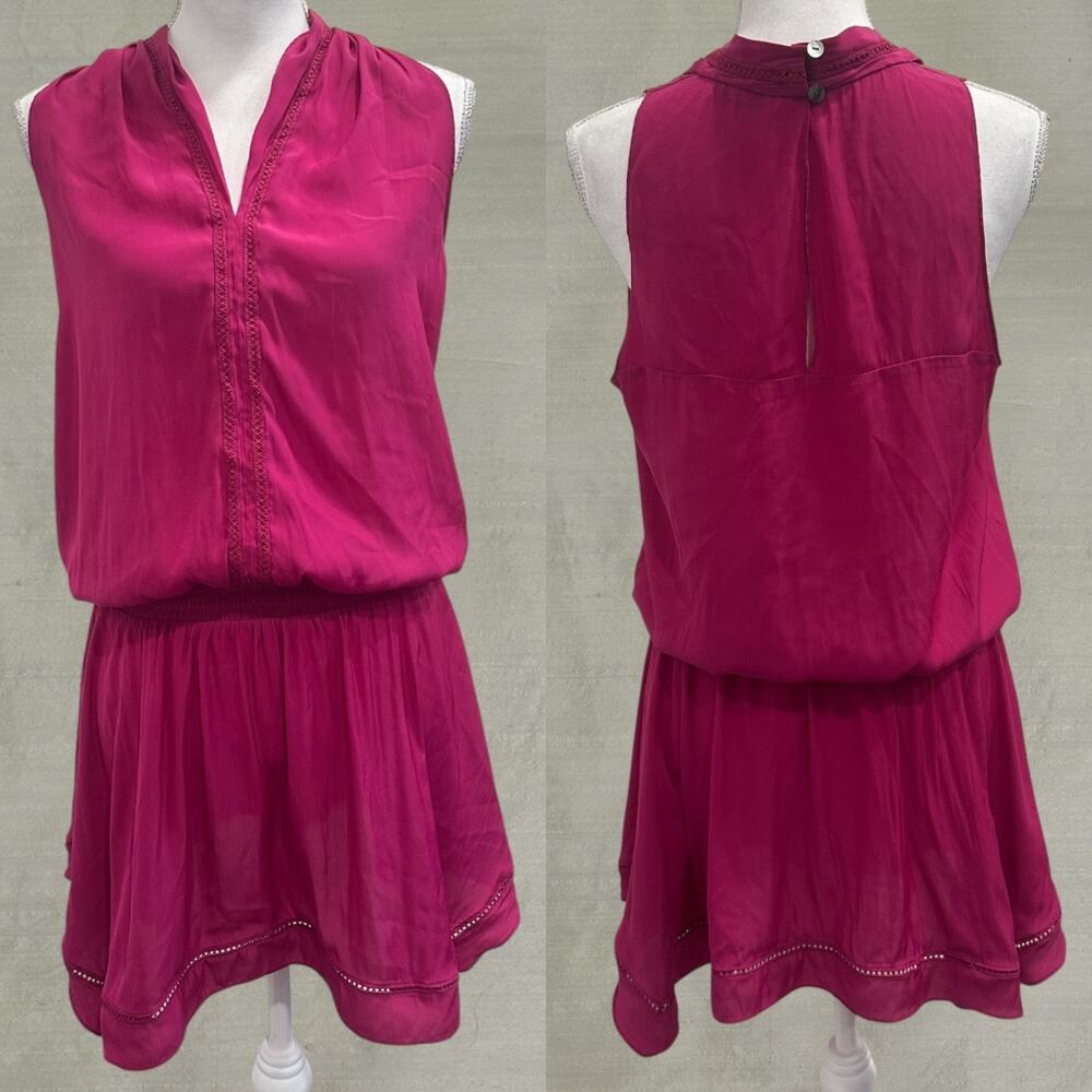 Ramy Brook Magenta Lucy V-Neck Sleeveless‎ Blouson Mini Dress Flounce Hem Medium